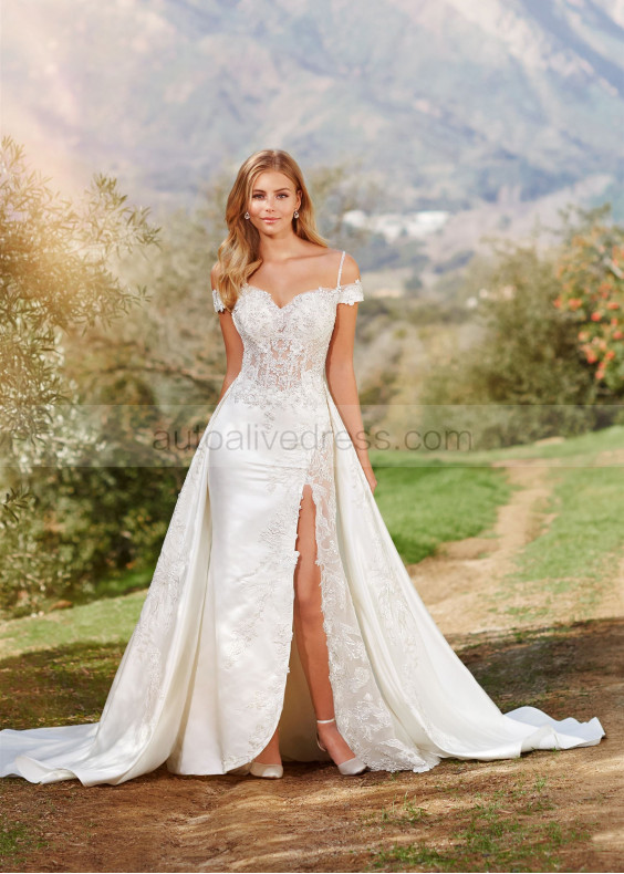 Beaded Ivory Lace Satin Side Slit Wedding Dress With Detachable Train